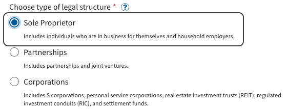 The first question in the IRS EIN application, Choose type of legal structure, with Sole Proprietor selected and ringed. Its description says it includes household employers.